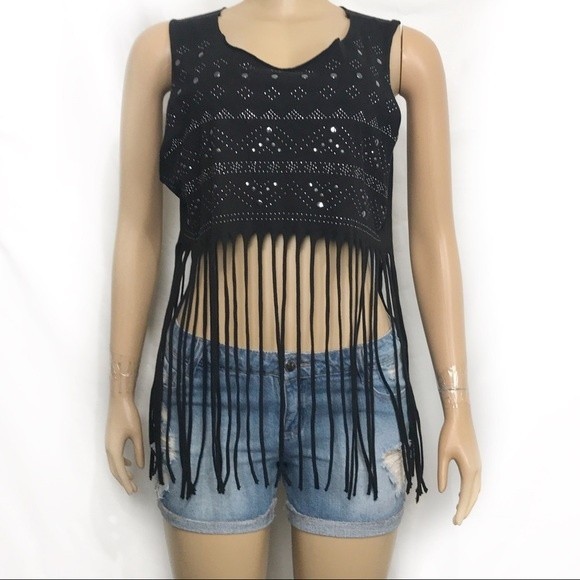 Y2K A’GACI Top Cropped Black Tribal embellishment Long Fringe Hem - Picture 1 of 7
